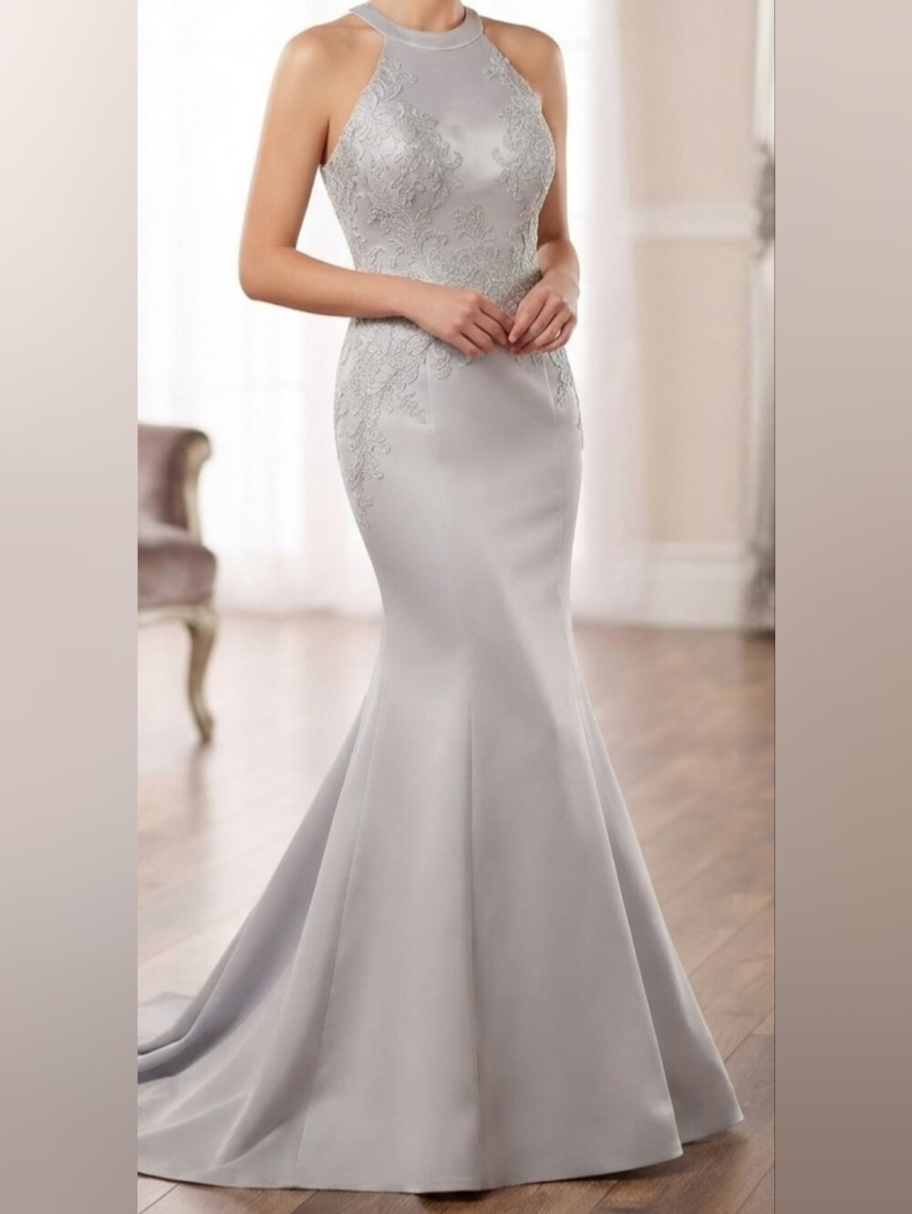 Silver Lace-Accented Mermaid Maxi Dress